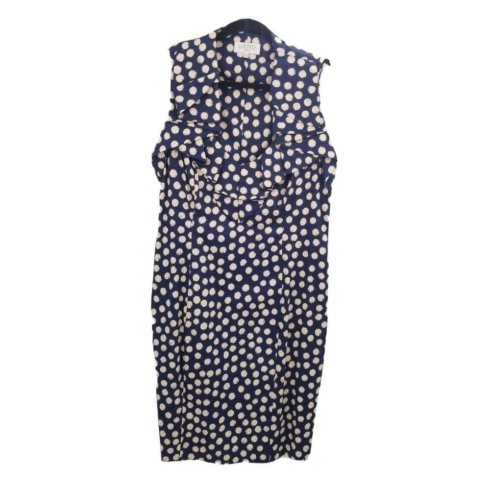 Kasper sleeveless polka dot sheath dress womens size 16 blue tan ruffle neckline